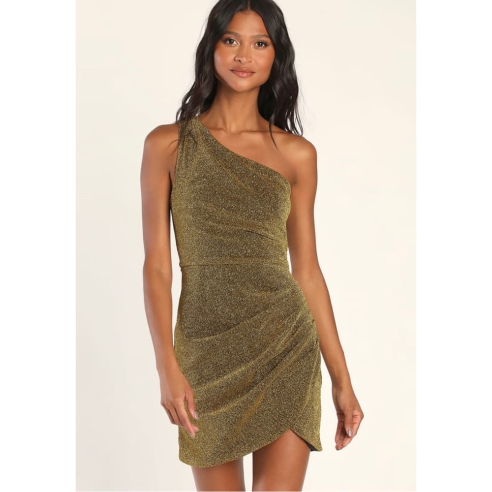 Gold Shimmer Sparkly Knit Ruched One-Shoulder Mini Dress - Picture 3 of 7